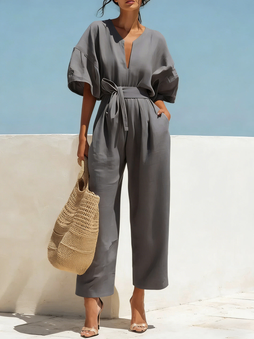 Women's Linen Tie-Waist Wide-Leg Jumpsuit