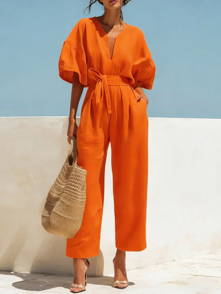 Women's Linen Tie-Waist Wide-Leg Jumpsuit