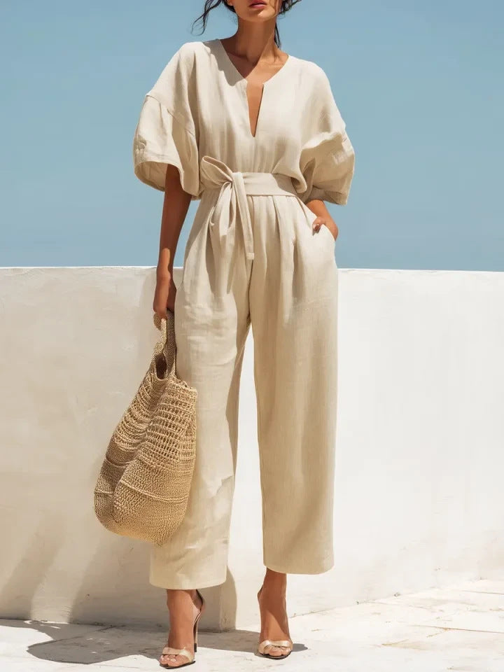 Women's Linen Tie-Waist Wide-Leg Jumpsuit