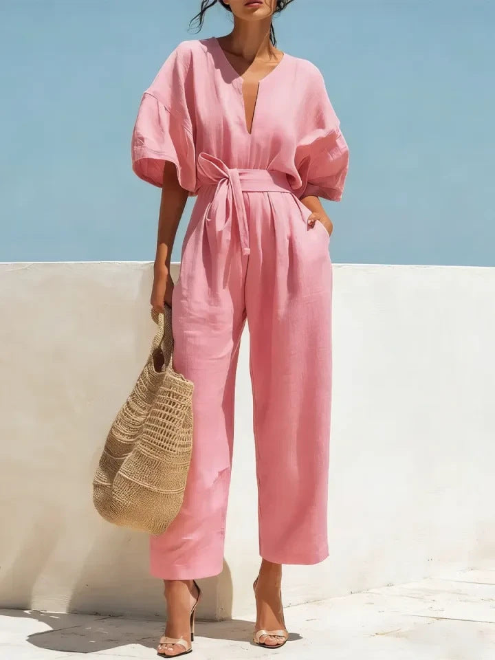 Women's Linen Tie-Waist Wide-Leg Jumpsuit