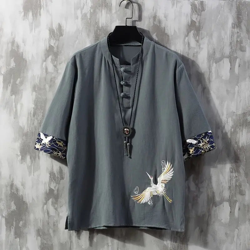 Men's Embroidered Western Linen Shirt — Short Sleeve