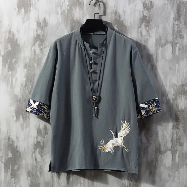 Men's Embroidered Western Linen Shirt — Short Sleeve