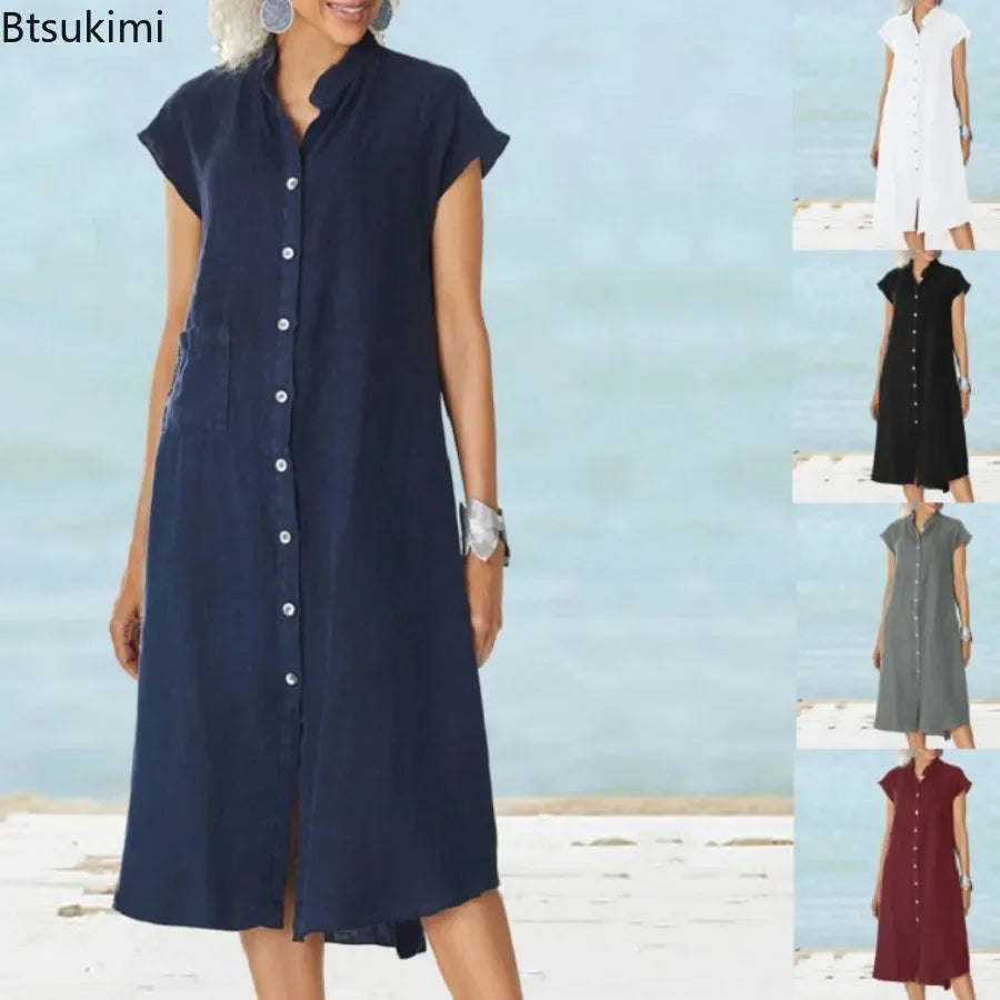 Linen Blend Shirt Dress — Belted Midi Summer Dress