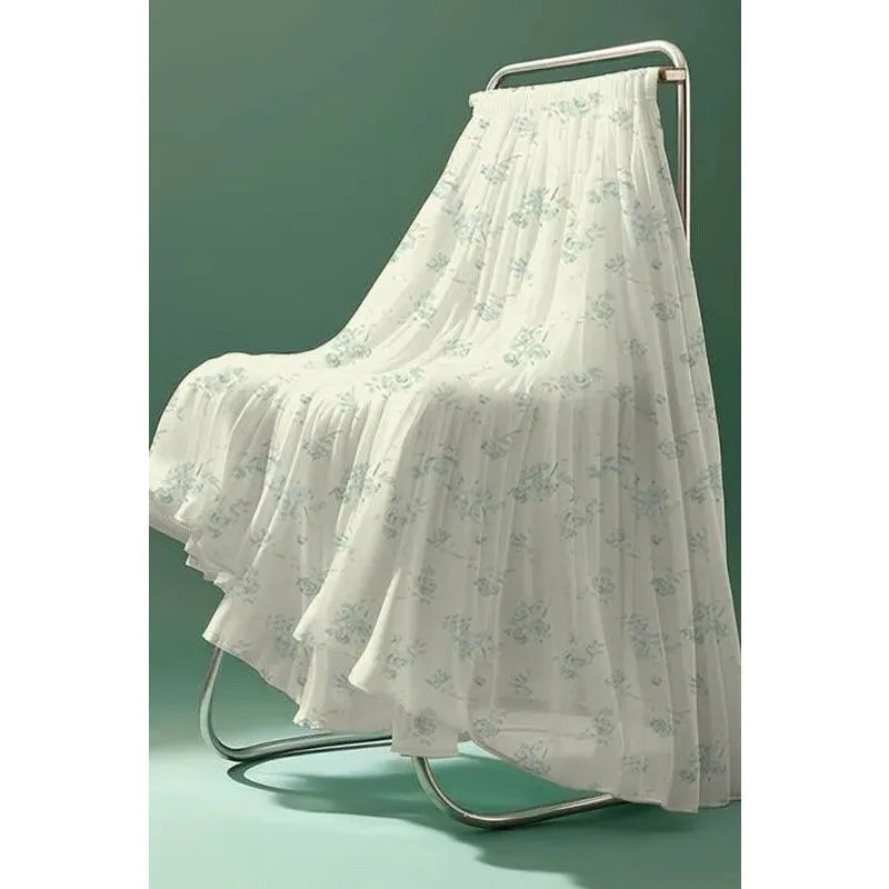 Pleated Floral Maxi Skirt — Flowy Summer A-Line Skirt