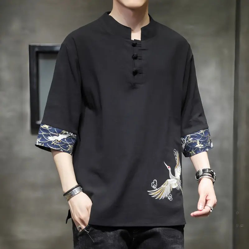 Men's Embroidered Western Linen Shirt — Short Sleeve