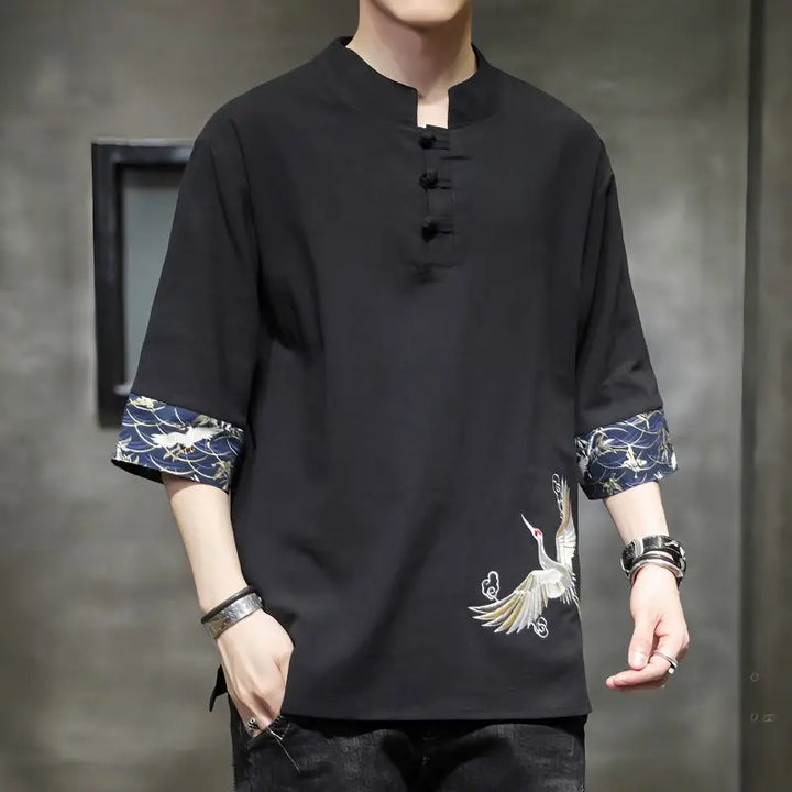 Men's Embroidered Western Linen Shirt — Short Sleeve