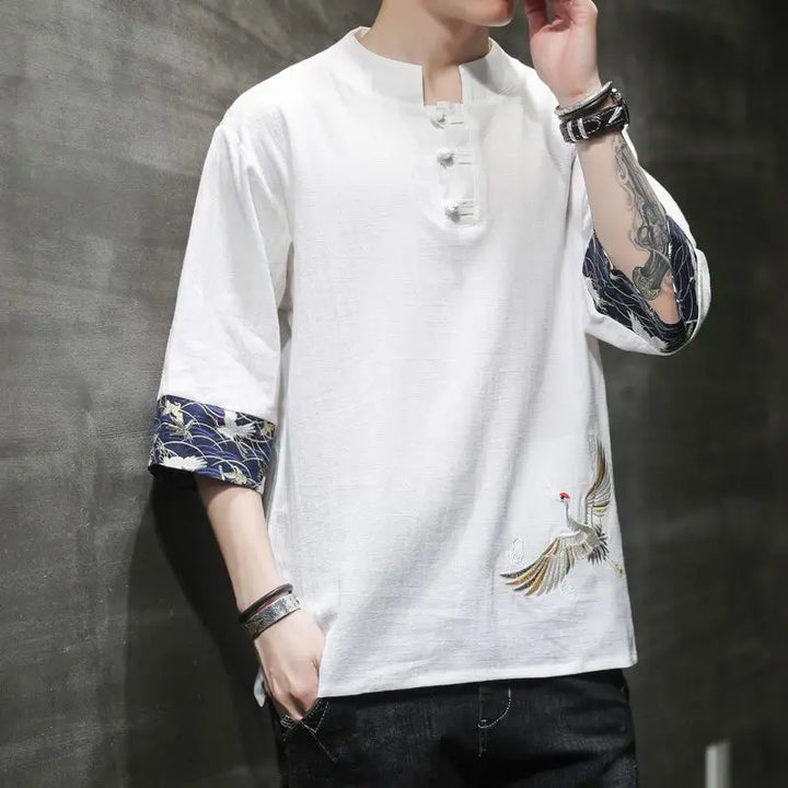 Men's Embroidered Western Linen Shirt — Short Sleeve