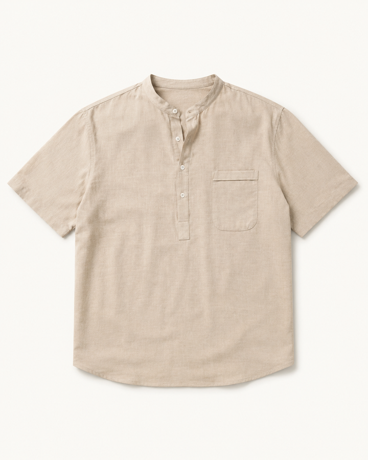 Men's Cotton-Linen Henley — Roll-Sleeve Summer Shirt