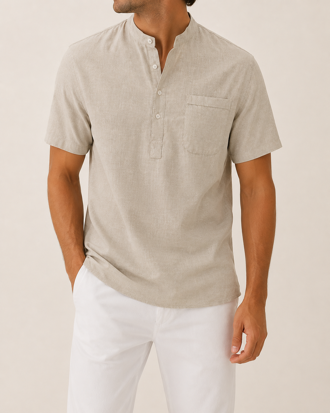 Men's Cotton-Linen Henley — Roll-Sleeve Summer Shirt